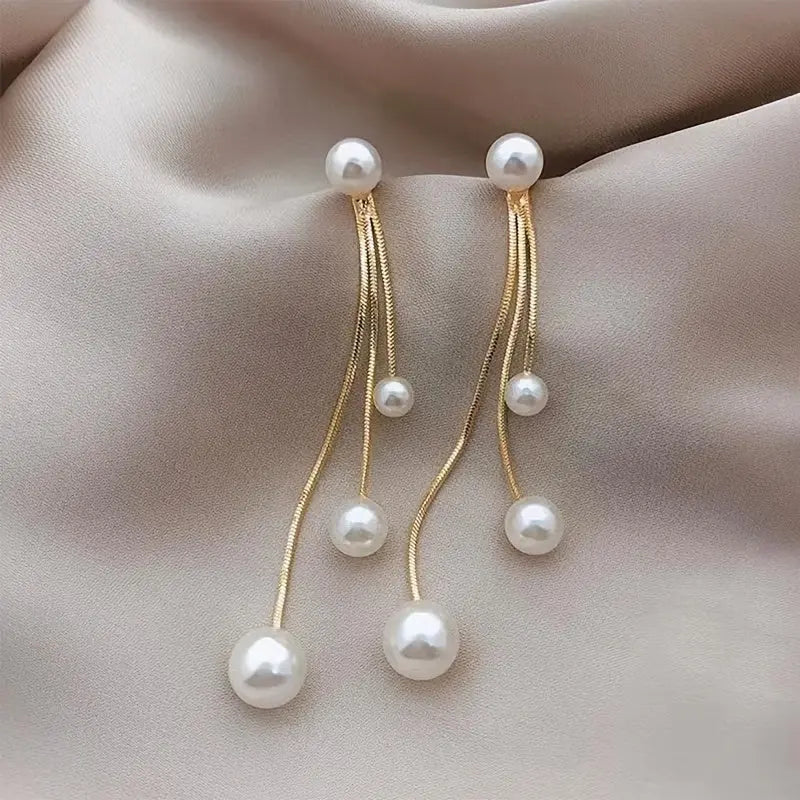 Elegant Simple Design 2PCS Stainless Steel Drop Dangle Earrings with Shell Pearl Tassels for Women - Hypoallergenic Long Threader Tassel Earrings for Daily and Party Occasions MyFave Boutique