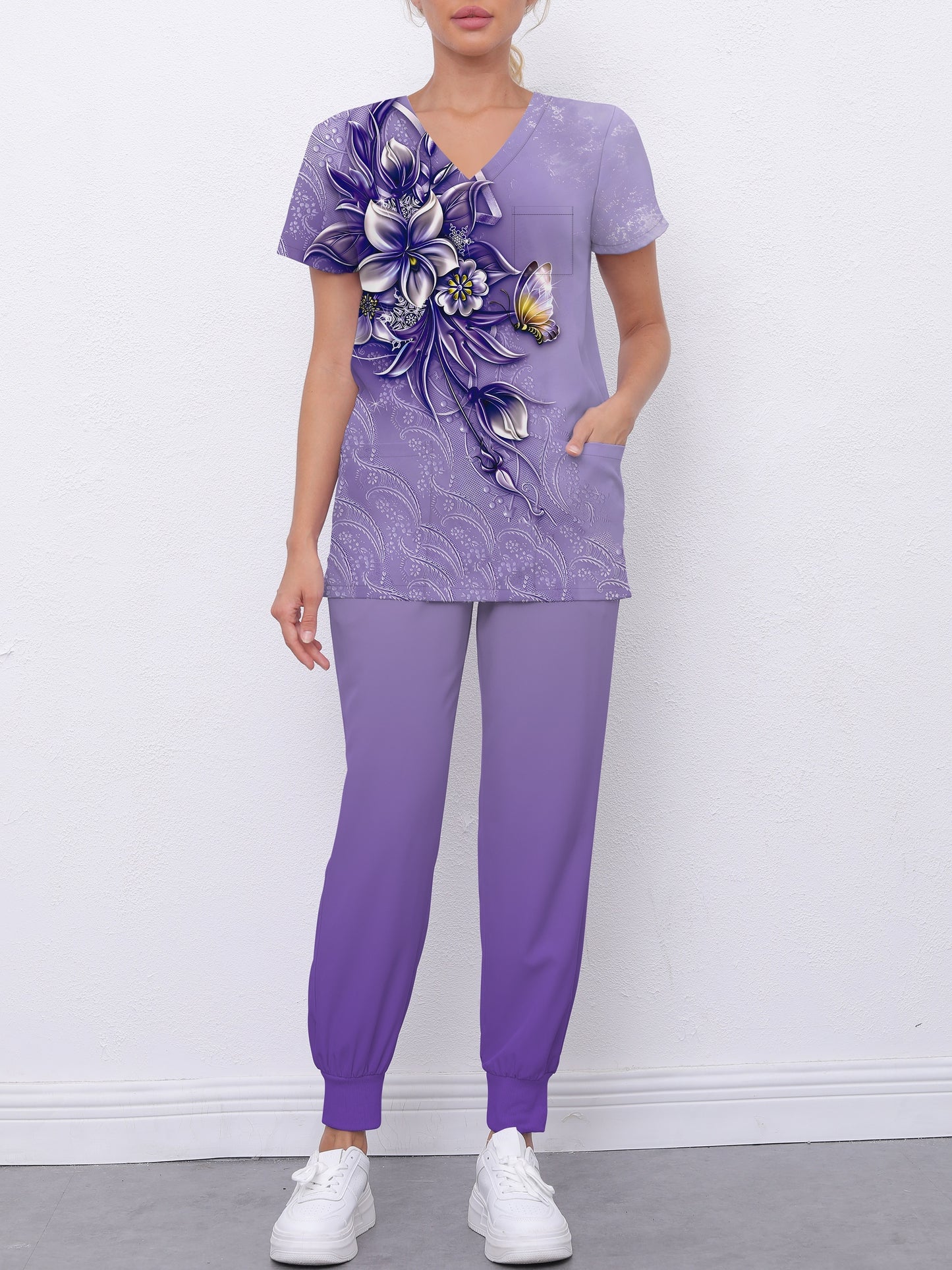 Floral Print Healthcare Uniform Set for Women: Casual V-Neck Top & Fitted Pants with Dual Pockets MyFave Boutique