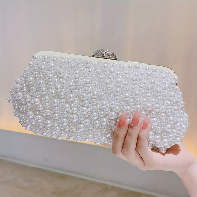 Elegant Faux Pearl Clutch Bag with Metal Chain and Floral Handle for Events, Parties, and Weddings MyFave Boutique