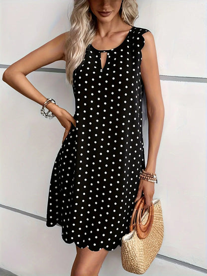 Polka Dot Scallop Trim Dress, Casual Keyhole Sleeveless Mini Dress For Spring & Summer, Women's Clothing MyFave Boutique