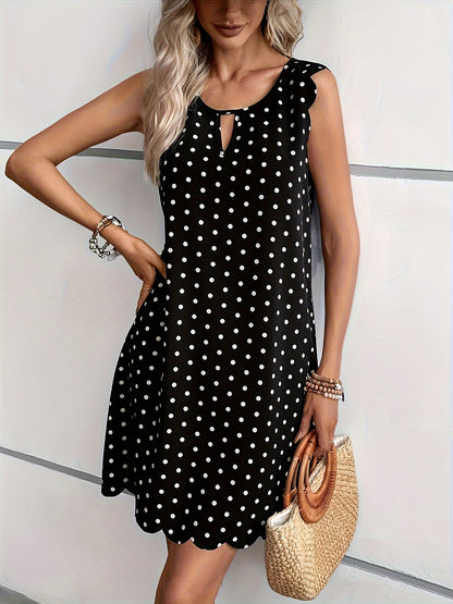 Polka Dot Scallop Trim Dress, Casual Keyhole Sleeveless Mini Dress For Spring & Summer, Women's Clothing MyFave Boutique