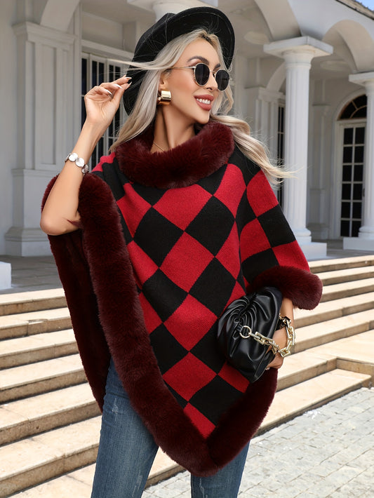 Chic Plaid Print Faux Fur Trim Poncho with Thermal Hanky Hem for Women's Clothing MyFave Boutique