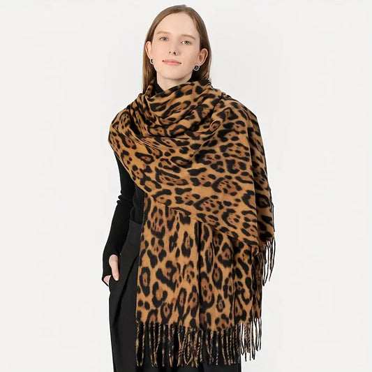 Mature Casual Leopard Tassel Scarf Stylish Imitation Cashmere Soft Warm Shawl Autumn Winter Elastic Coldproof Neck Scarf MyFave Boutique