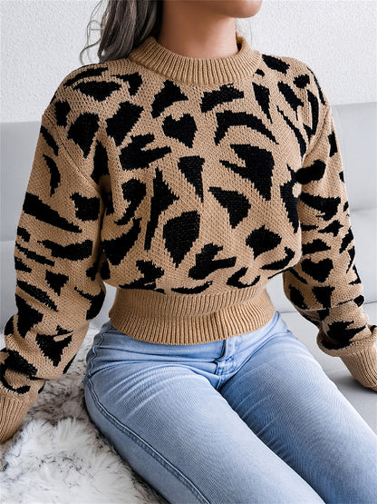 Women's Leopard Print Crop Sweater - Cozy Crew Neck Long Sleeve Top for Fall & Winter MyFave Boutique