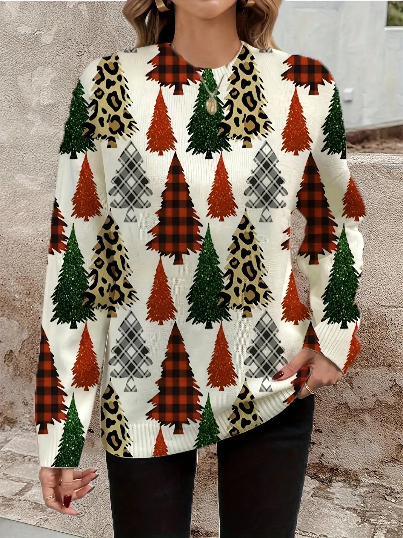 Christmas Tree Pattern Crew Neck Sweater, Casual Long Sleeve Sweater For Spring & Fall, Women's Clothing MyFave Boutique