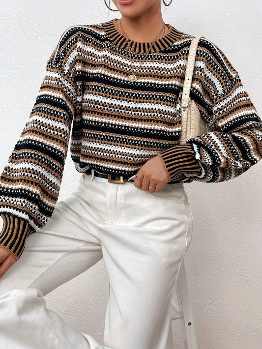 Striped Pattern Crew Neck Sweater, Casual Long Sleeve Sweater For Fall & Winter, Women's Clothing MyFave Boutique