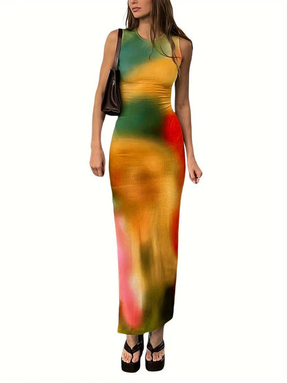 Women's Tie Dye Bodycon Maxi Tank Dress Side Split Summer Long Dress Sleeveless Slim Fit Sundress Party Clubwear MyFave Boutique