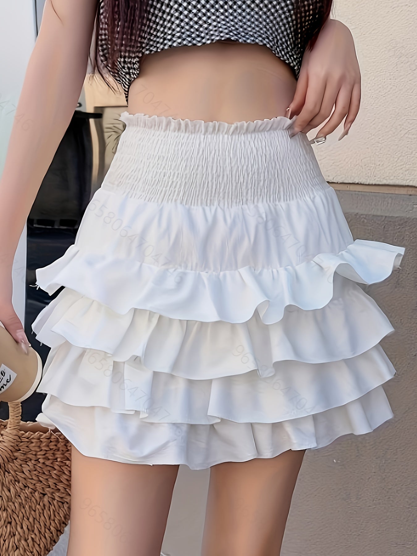 Shirred High Waist Mini Skirt, Elegant Versatile Tiered Ruffle Hem Skirt, Women's Clothing MyFave Boutique