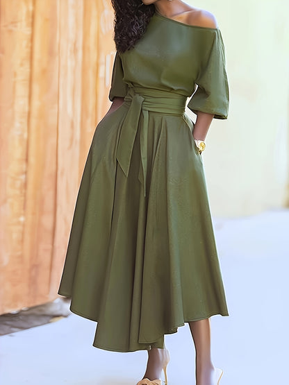 Plus Size Asymmetrical Neck Dress, Casual Tied Waist Half Sleeve Midi Dress With Pocket, Women's Plus Size Clothing MyFave Boutique