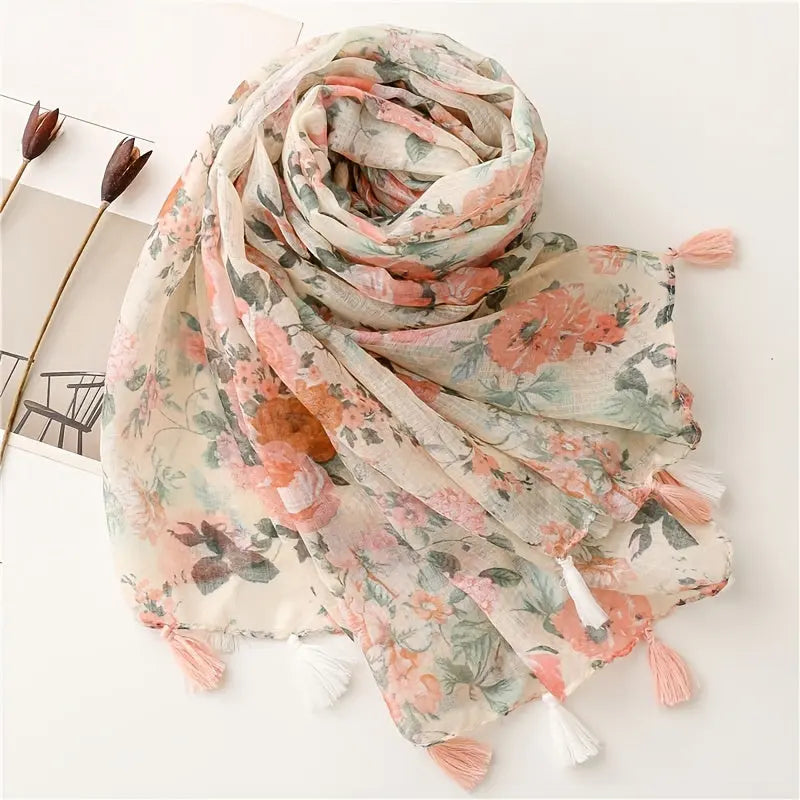 Beautiful Floral Print Scarves Women's Fashion Autumn/Winter Linen Pink Printed Fringe Scarf MyFave Boutique