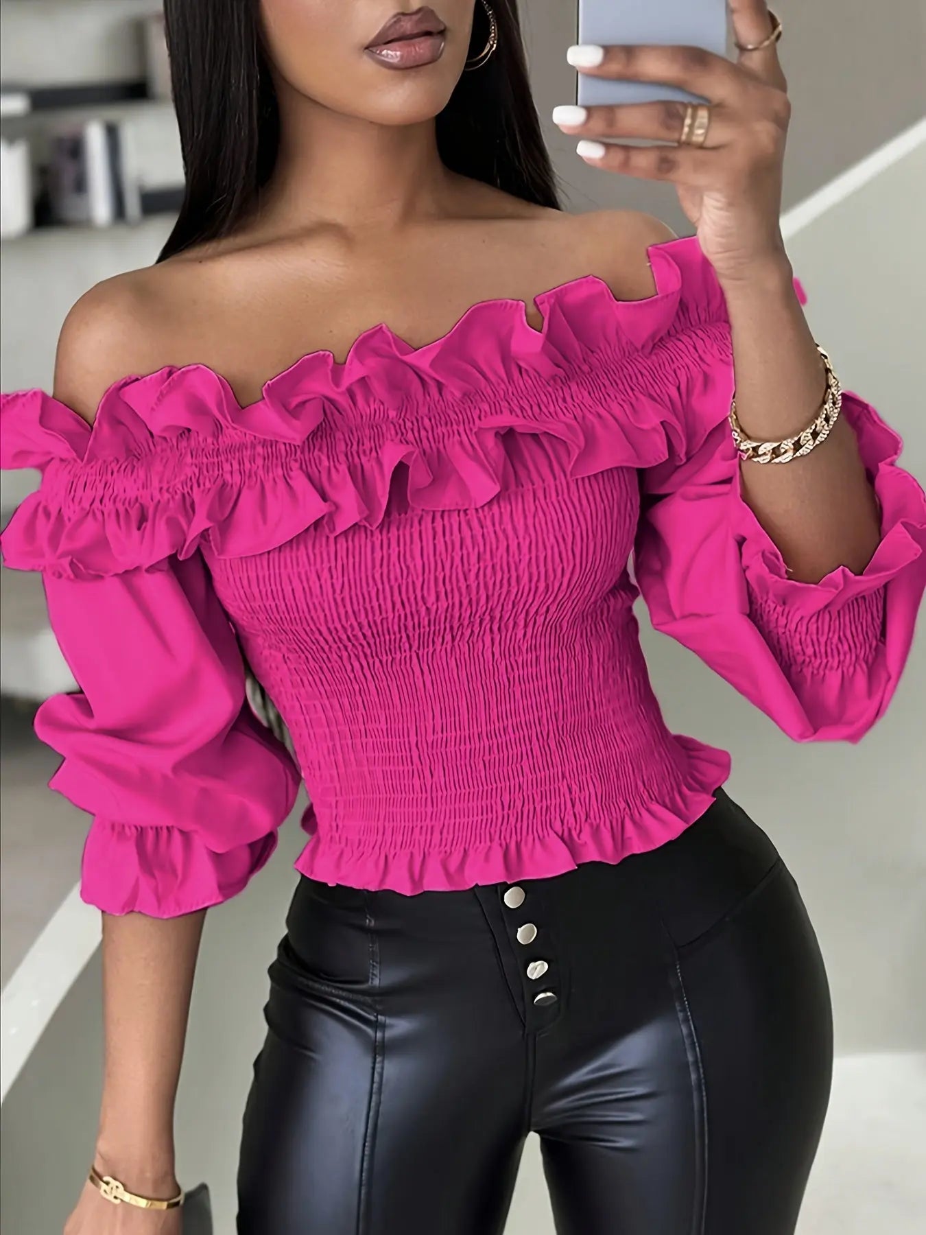 Off-Shoulder Ruffle Trim Shirred 3/4 Sleeve Top for Women, Elegant Spring/Summer Blouse MyFave Boutique