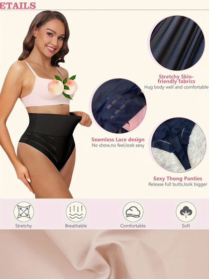 JUQDNX High Waist Shaping Thongs - Polyamide & Elastane Knit Fabric, Tummy Control Body Shaper, Medium Support, Seamless Solid Color Underwear with Contrast Mesh Detail for Butt Lifting & Sculpting MyFave Boutique