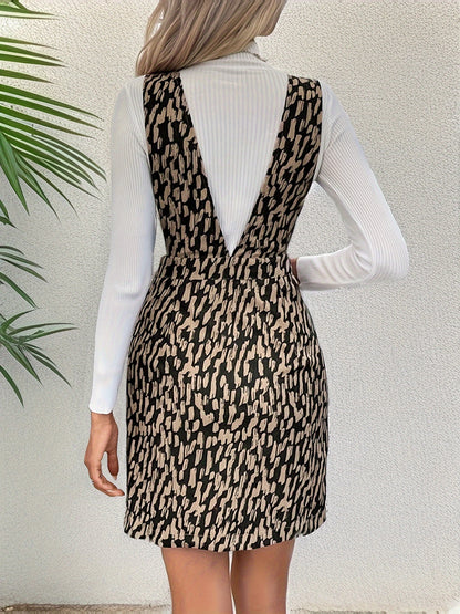 Leopard Print Suspender Skirt, Elegant Zipper Front Slim Mini Skirt For Spring & Fall, Women's Clothing MyFave Boutique