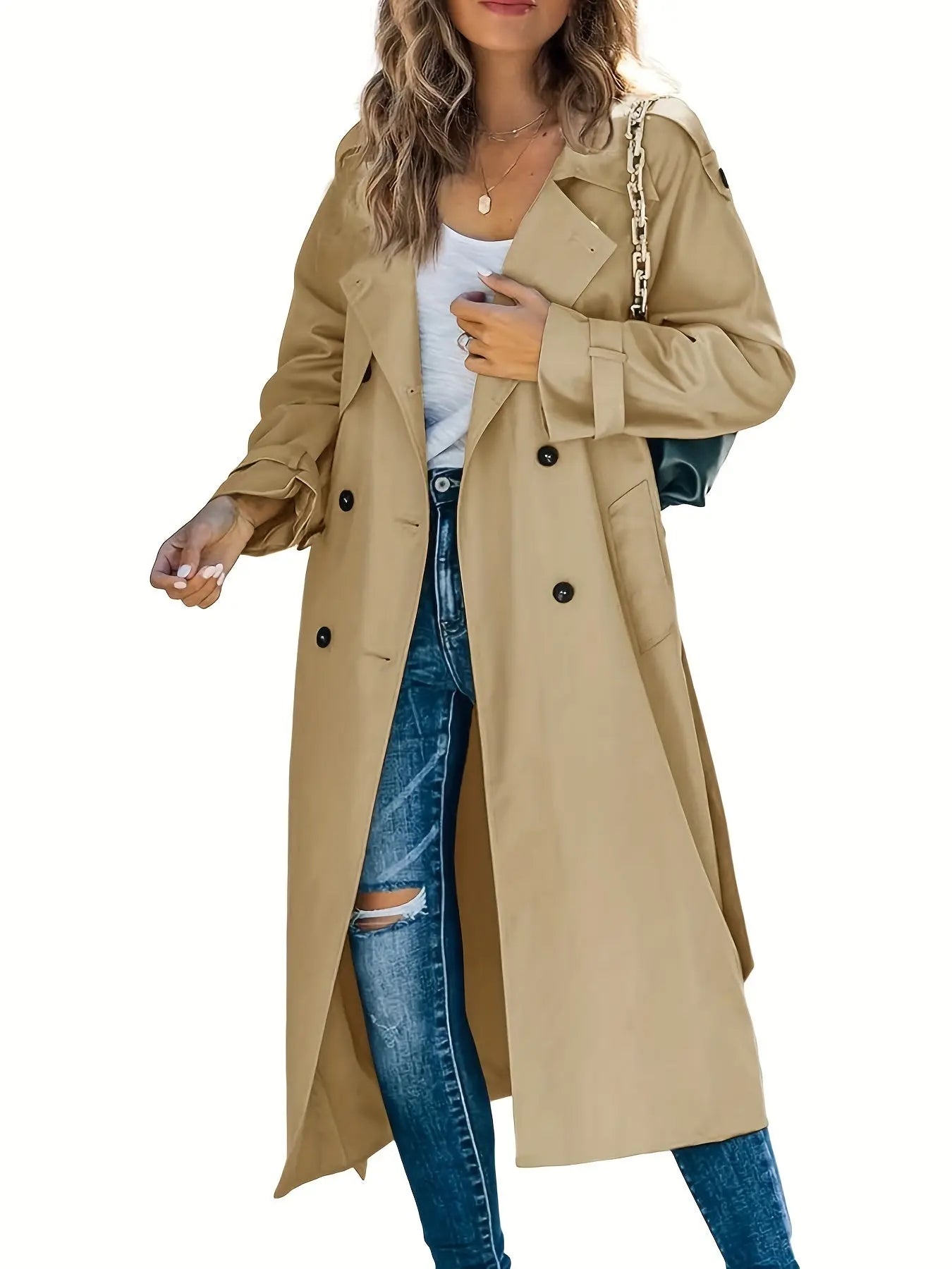 Double Breasted Lapel Trench Coat, Elegant Solid Color Belted Long Sleeve Outwear For Spring & Fall, Women's Clothing MyFave Boutique