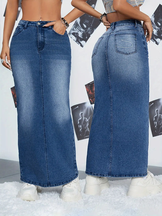 Embroidered High-Waisted Stretch Denim Maxi Skirt with Back Pocket Detail, Oozing Style, Comfortable Fit MyFave Boutique