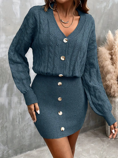 Cable Knit Button Front Bodycon Sweater Dress, Long Sleeve High Waist Elegant Solid Color Women's Dress MyFave Boutique