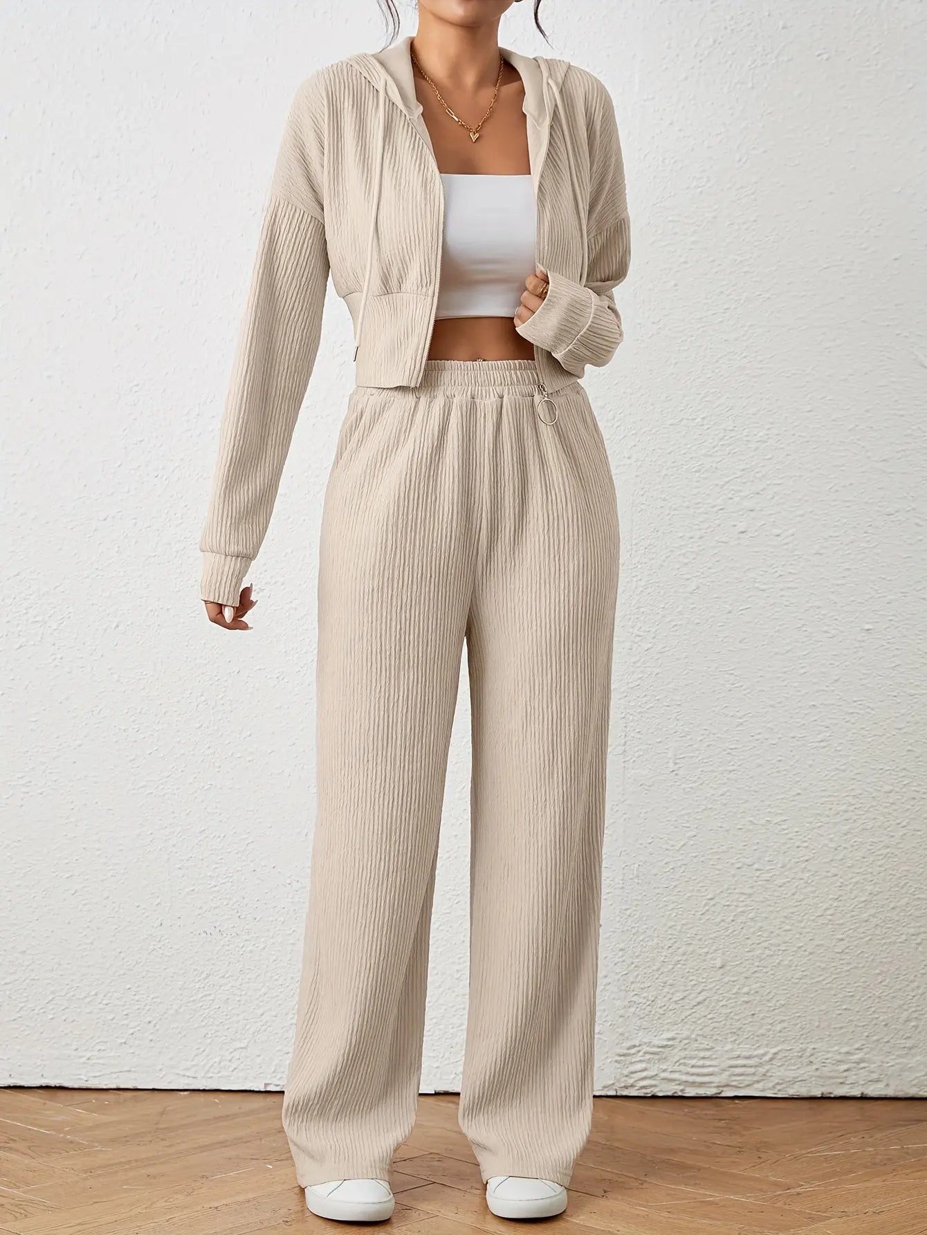 Elegant Women's Hooded Polyester Knit Pantsuit with Long Sleeve Zipper Jacket and Wide-Leg Pants – Solid Color, Stretch Fabric Blend (95% Polyester, 5% Elastane), Suitable for Spring and Fall MyFave Boutique