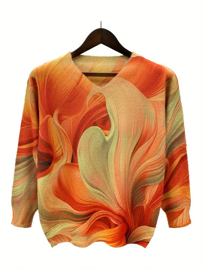 Elegant V-Neck Pullover Sweater for Women - Fall/Winter Collection, Polyester Blend with Acrylic and Nylon, All-Over Print, Knit Fabric, Long Sleeve - Loose Fit MyFave Boutique