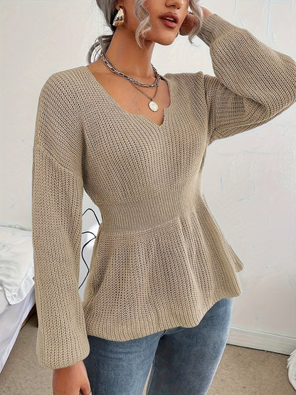 Womens V Neck Sweaters Fall Trendy Casual Long Lantern Sleeve Ribbed Knit Pullover Sweater Tops MyFave Boutique