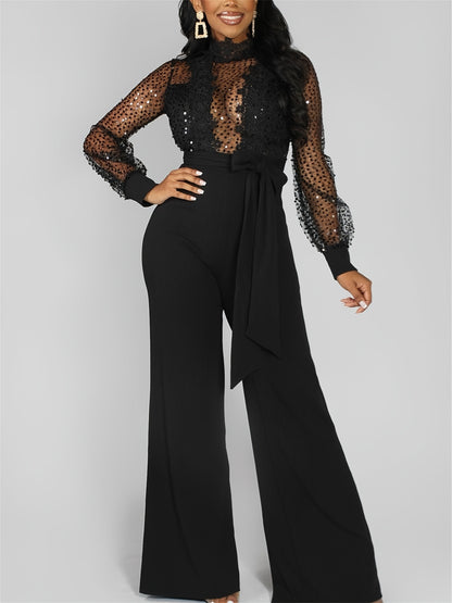 Black Long Sleeve Sequin Embroidered Mesh Sexy Formal Wide Leg Pants Jumpsuit MyFave Boutique