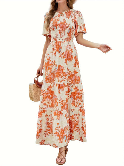 Floral Print Shirred Bust Dress - Elegant Ruffle Sleeve A-line Dress, Maxi Dress, for Spring & Summer MyFave Boutique