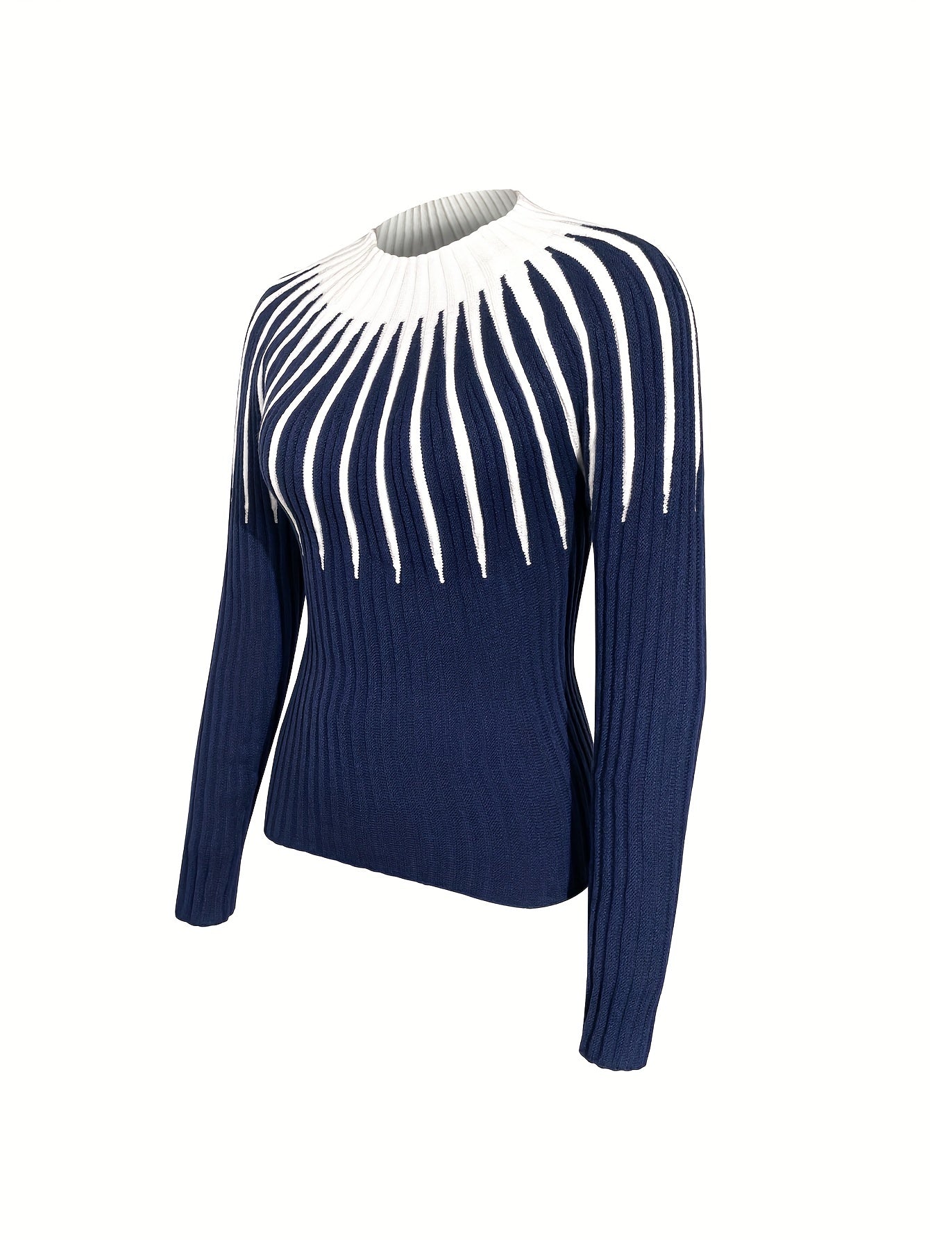 Colorblock Mock Neck Rib Knit Sweater, Casual Long Sleeve Slim Sweater, Women's Clothing MyFave Boutique