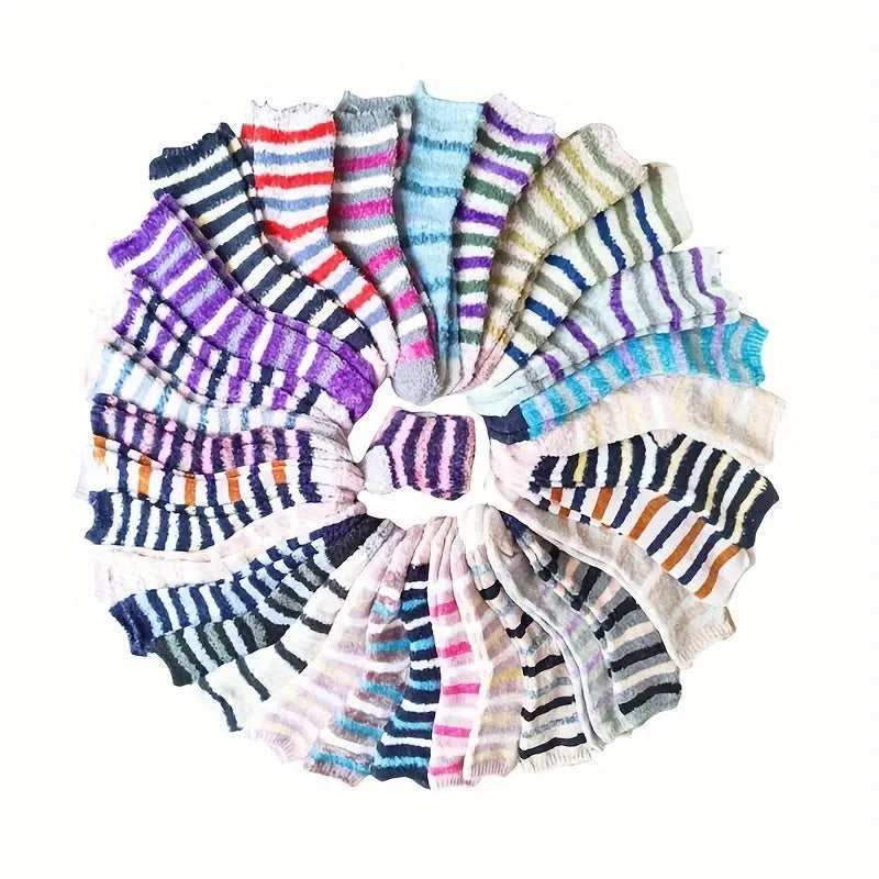 10-Pair Pack Winter Striped Polyester Knee-Length Warm Floor Stockings for Women - 95% Polyester 5% Spandex - Cozy Coral Fleece Thickened Sleepwear & Maternity Wear - Hand Washable Knit Fabric MyFave Boutique