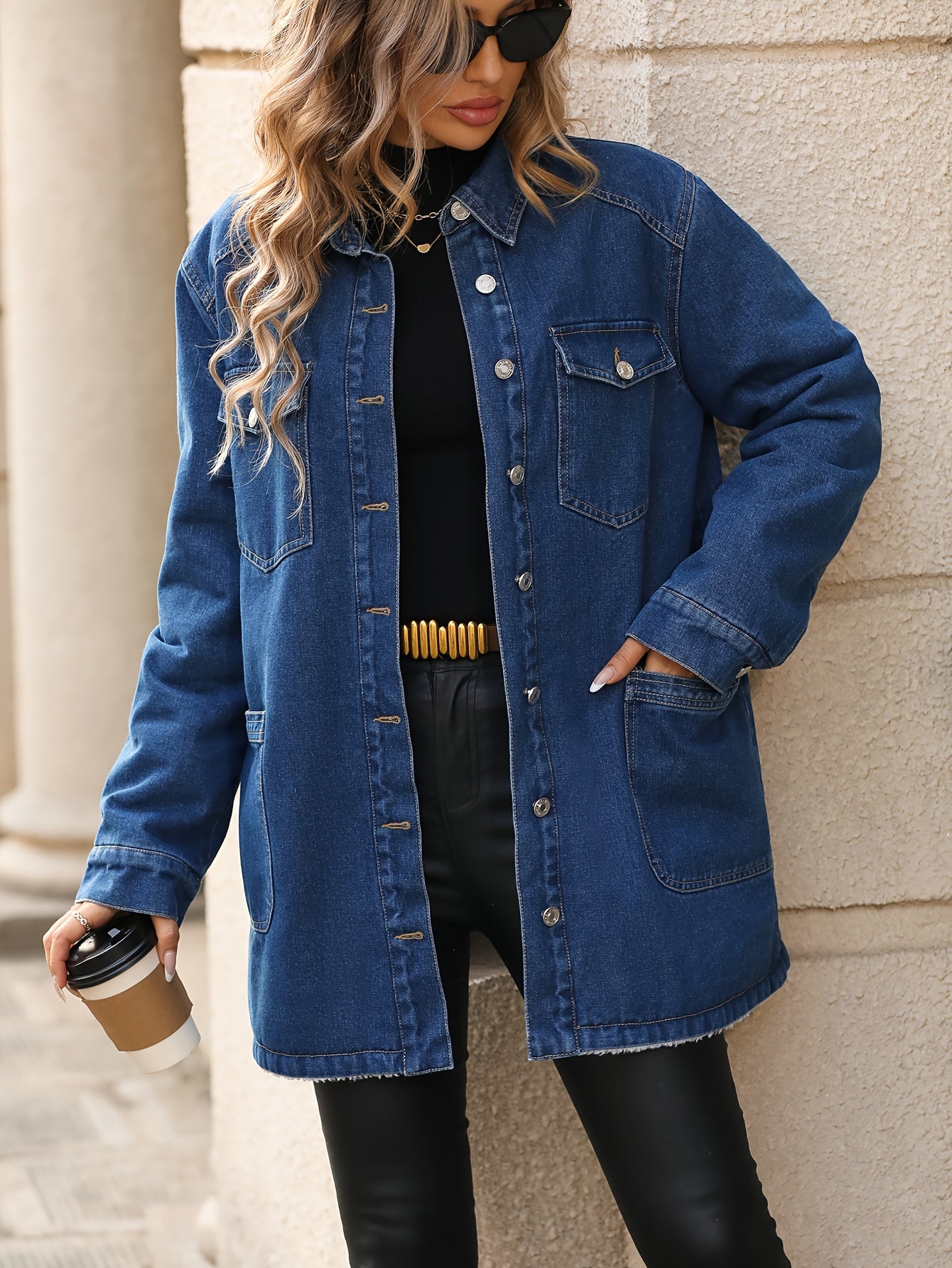 Women's Fleece-Lined Denim Jacket with Lapel, Flap Pockets, and Long Sleeves - Stay Warm and Stylish All Winter Long MyFave Boutique