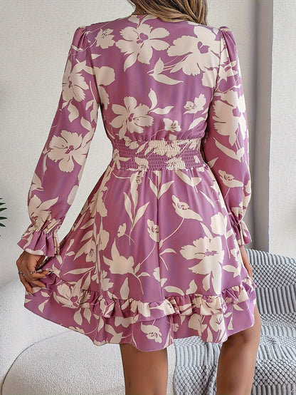 Floral Print Knot Front Dress, Elegant Long Sleeve Shirred Waist Ruffle Hem Dress For Spring & Fall, Women's Clothing MyFave Boutique