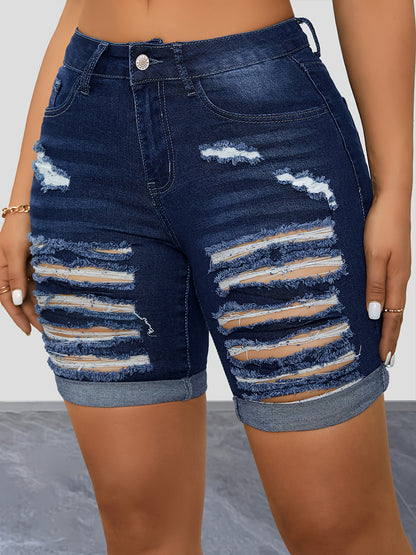 Vibrant Washed Blue Ripped Roll Up Hem Denim Shorts - Distressed Casual Slash Pocket Design, Comfortable Stretchy Fabric, Relaxed Fit, Women's Fashionable Denim Jeans & Clothing for Everyday Wear MyFave Boutique