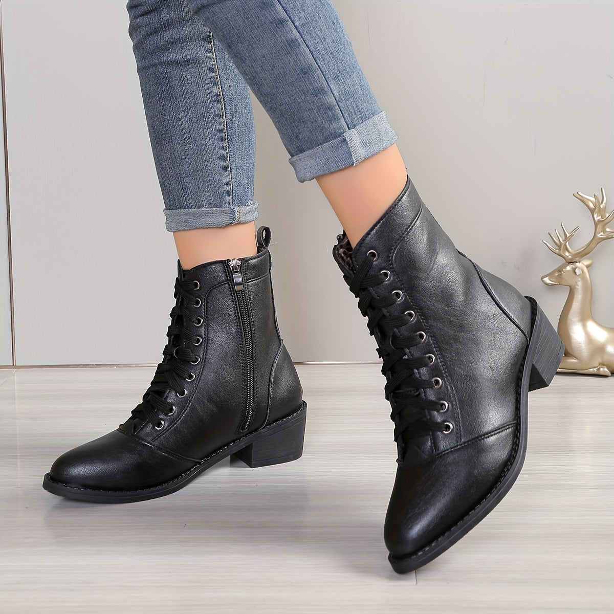 Women's Mid-Calf Fashion Boots with Flannel Lining - Solid Black, Pointed Toe, Side Zipper Closure, Block Heel, PU Upper, TPR Sole, Comfortable Insole, Mid Heel Height - Elegant Autumn and Winter Booties MyFave Boutique