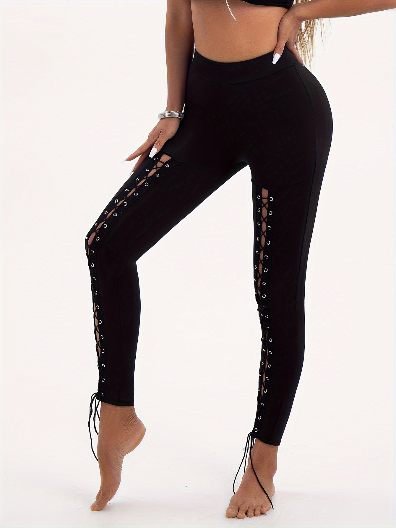 Women's High Waist Criss Cross Lace-Up Hollow Out Yoga Leggings, Street Style, Stretchy Slim-Fit Workout Pants MyFave Boutique