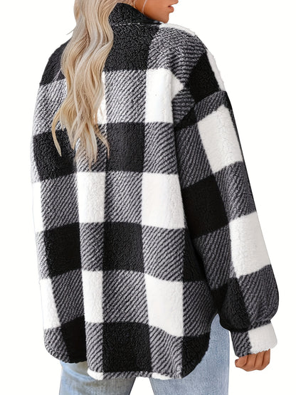 Cozy Plaid Fuzzy Jacket - Soft, Warm, And Stylish Long Sleeve Outerwear With Button Front Closure For Women - Perfect For Fall And Winter Casual Wear MyFave Boutique