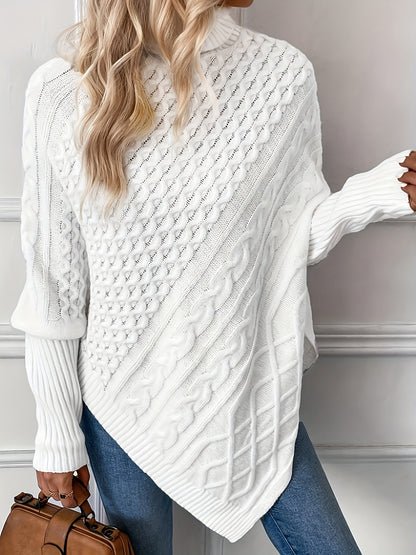 Cable Knit Turtle Neck Sweater, Stylish Hanky Hem Batwing Long Sleeve Sweater For Fall & Winter, Women's Clothing MyFave Boutique