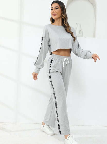 2pcs Casual Sports Set, Letter Tape Pattern Round Neck Sweatshirt & Loose High Waist Sweatpants Suit, Women's Activewear MyFave Boutique