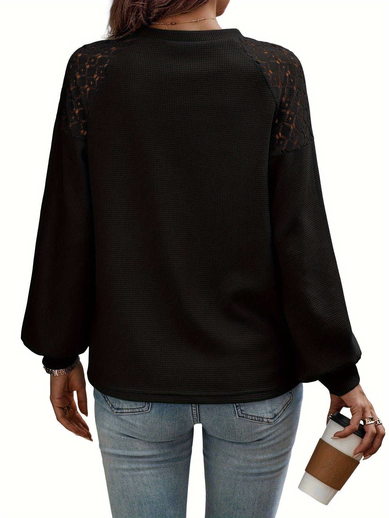 Womens Waffle Knit Tunic Tops 2024 Fall Winter Long Sleeve Shirts Lace Shoulder Crew Neck MyFave Boutique