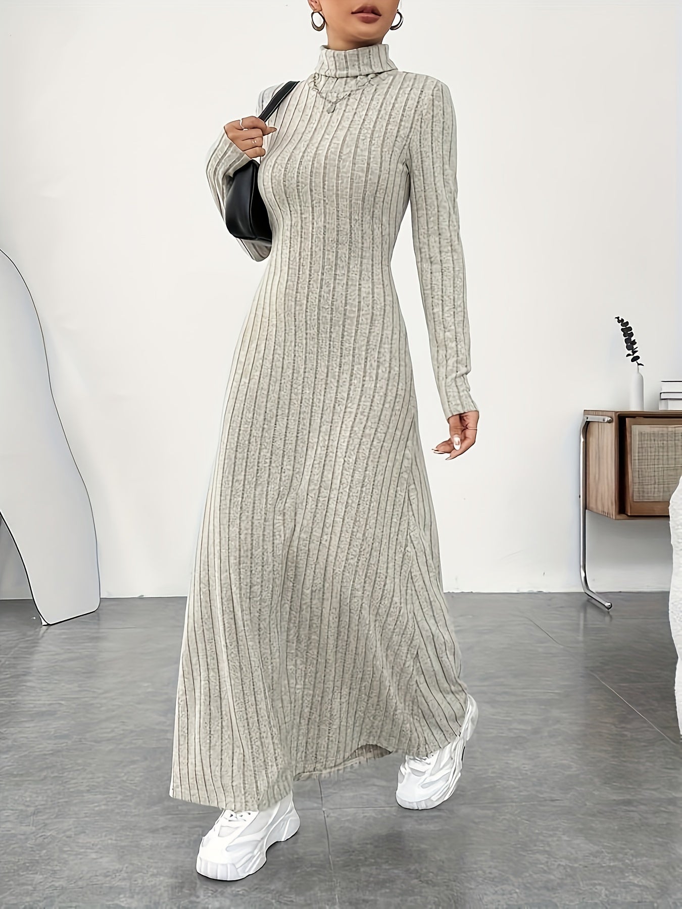 Solid Color Turtle Neck Ribbed Dress, Elegant Long Sleeve Flared Maxi Dress For Spring & Fall, Women's Clothing MyFave Boutique