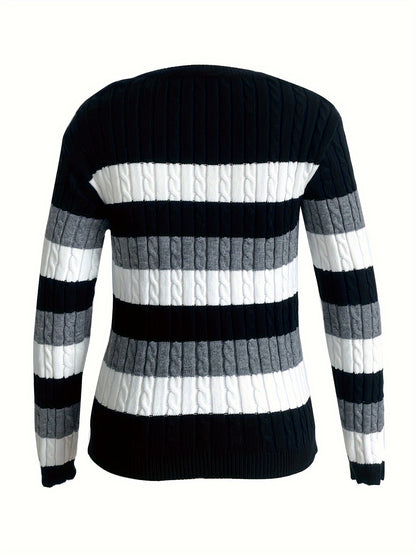 Striped Color Block Long Sleeve Sweater for Women, Versatile Slim Fit Winter Fall Top MyFave Boutique