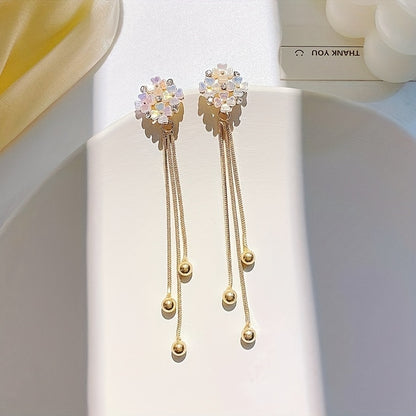 Elegant Golden Tassel Drop Earrings With Crystal Flowers & Zircon - 925 Silvery Post, Perfect For Daily Wear Or Parties Beaded Earrings For Women Flower Earrings For Women MyFave Boutique