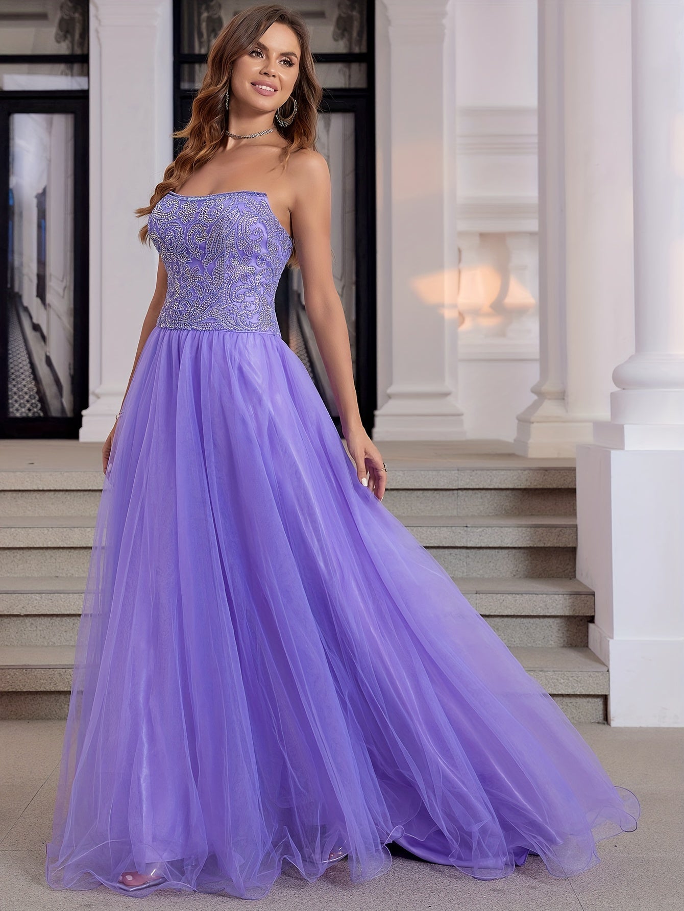 Luxury Crystal Hand Beading Formal Evening Dresses Long Ball Gown Tulle Homecoming Prom Party Gowns For Teens Strapless Lace Up Back Prom Dresses Long Floor Length MyFave Boutique