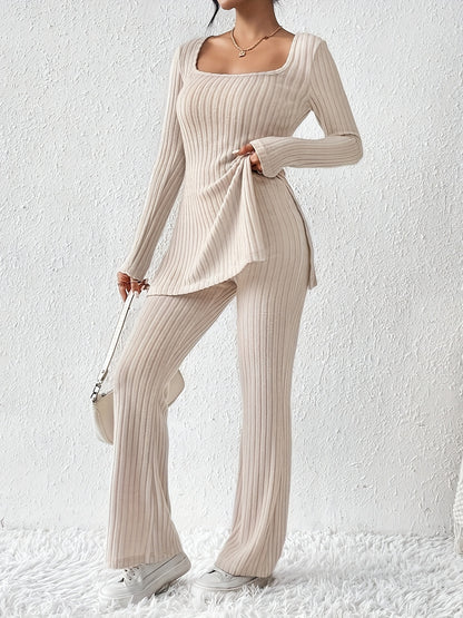 Rib Knit Slit Hem Solid Color Casual Set, Square Neck Long Sleeve Top & Straight Leg Pants, Women's Clothing MyFave Boutique