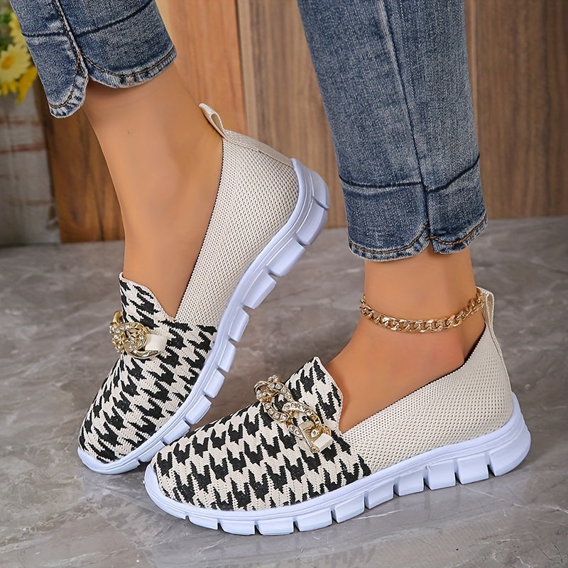 Women's Houndstooth Sock Shoes, Chain Decor Knitted Low Top Slip On Sneakers, Casual Breathable Walking Shoes MyFave Boutique