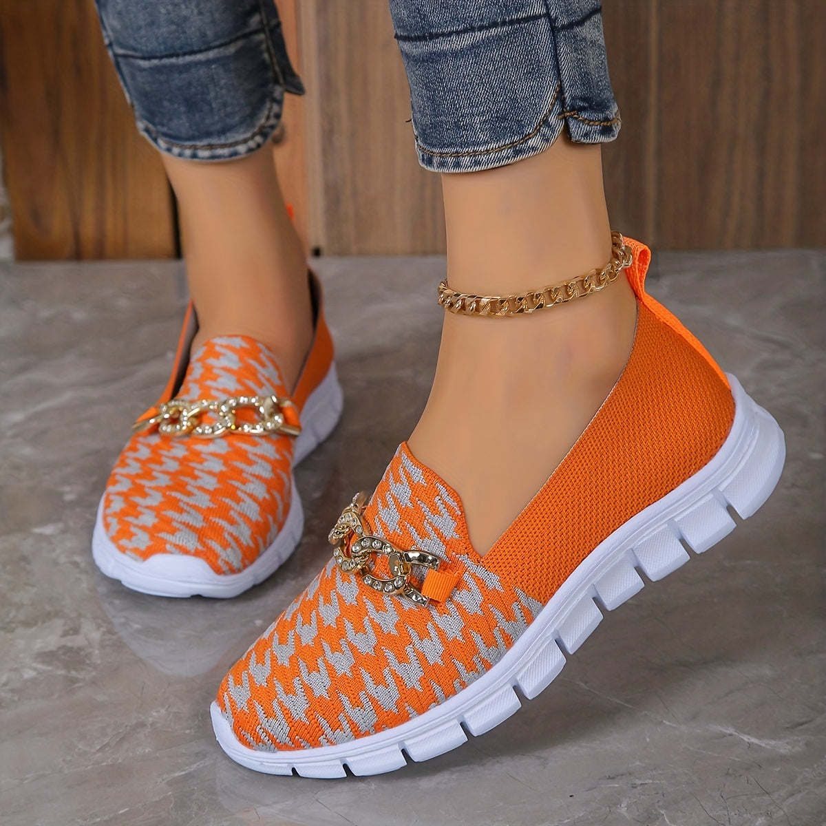 Women's Houndstooth Sock Shoes, Chain Decor Knitted Low Top Slip On Sneakers, Casual Breathable Walking Shoes MyFave Boutique