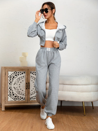 Solid Casual Two-piece Set, Zip Up Long Sleeve Hoodies & Elastic Waist Jogger Pants Outfits, Women's Clothing MyFave Boutique