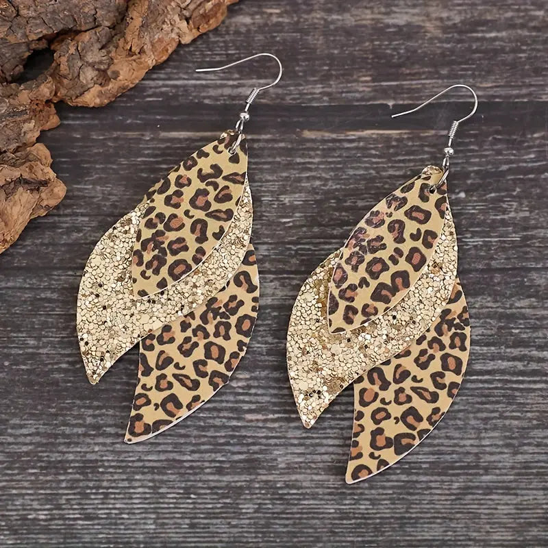 Vintage Triple Leopard PU Leather Sequin Layer Earrings MyFave Boutique