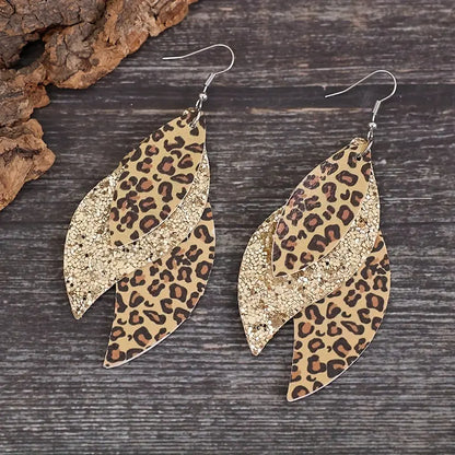 Vintage Triple Leopard PU Leather Sequin Layer Earrings MyFave Boutique