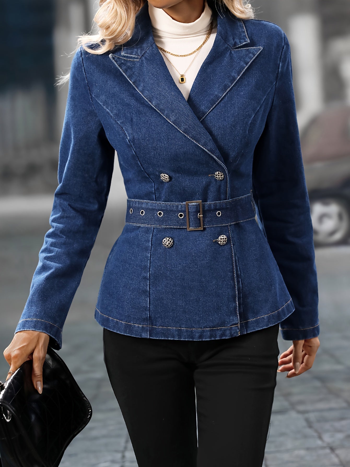 Adjustable Blet Lapel Plain Dark Washed Blue Elegant Style Denim Jacket Coat, Women's Denim Jeans & Clothing MyFave Boutique