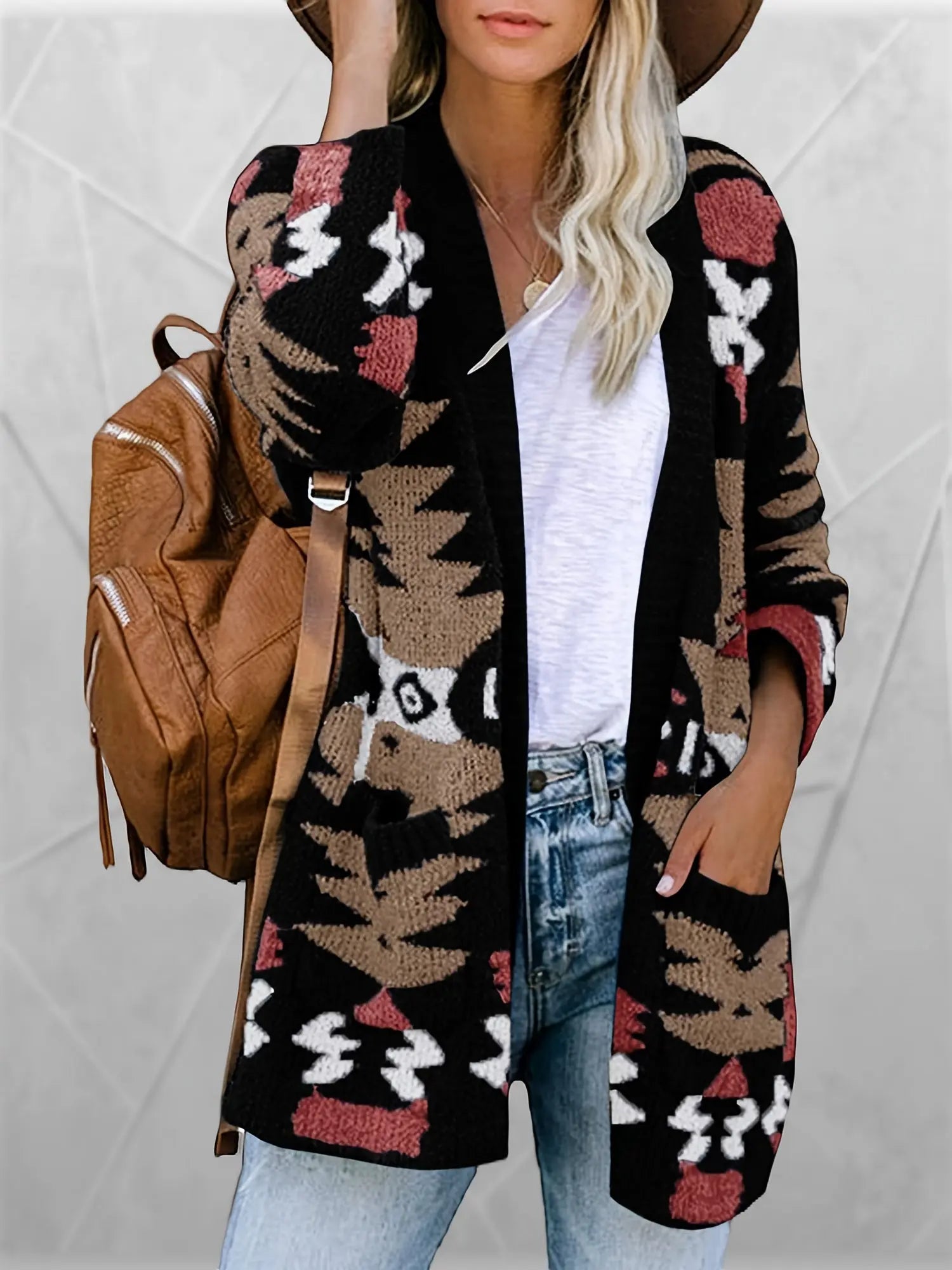 Women's Knitted Open Front Cardigan with Side Pockets - Patterned, Long Sleeve, Casual Top for Winter & Fall MyFave Boutique