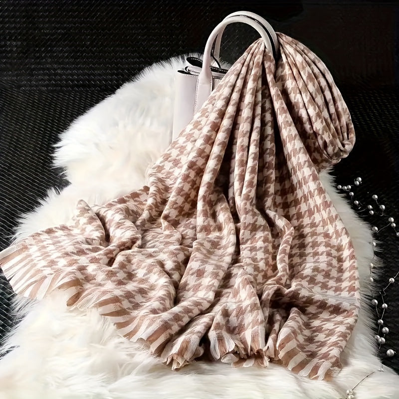 Houndstooth Soft Warm Thick Scarf Elegant Stretchy Tassel Large Shawl Autumn Winter Versatile Neck Protection Coldproof Blanket Scarf MyFave Boutique