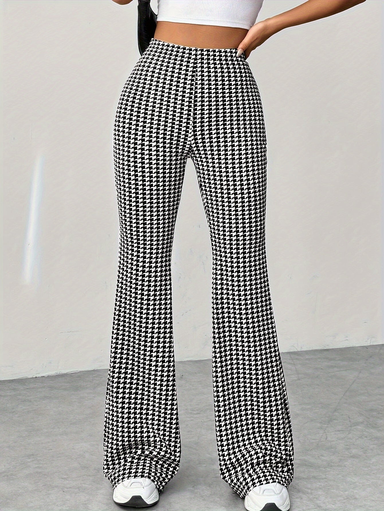 Houndstooth Pattern High Waist Pants, Stylish Flare Leg Pants For All-season, Women's Clothing MyFave Boutique